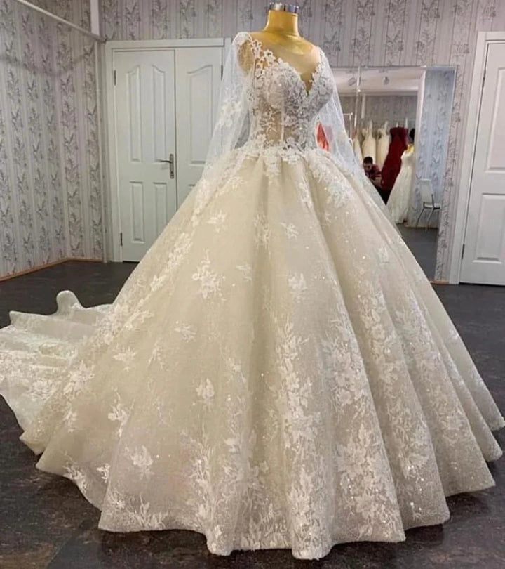 Long A-line Bateau Appliques Lace Sequins Tulle Wedding Dress by BIZTUNNEL