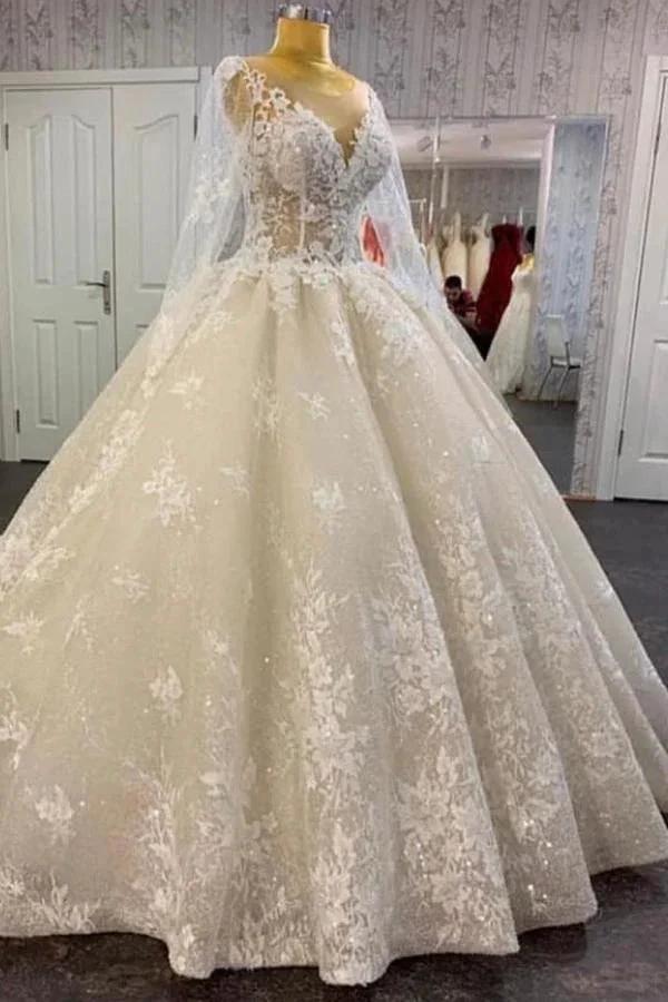 Long A-line Bateau Appliques Lace Sequins Tulle Wedding Dress by BIZTUNNEL