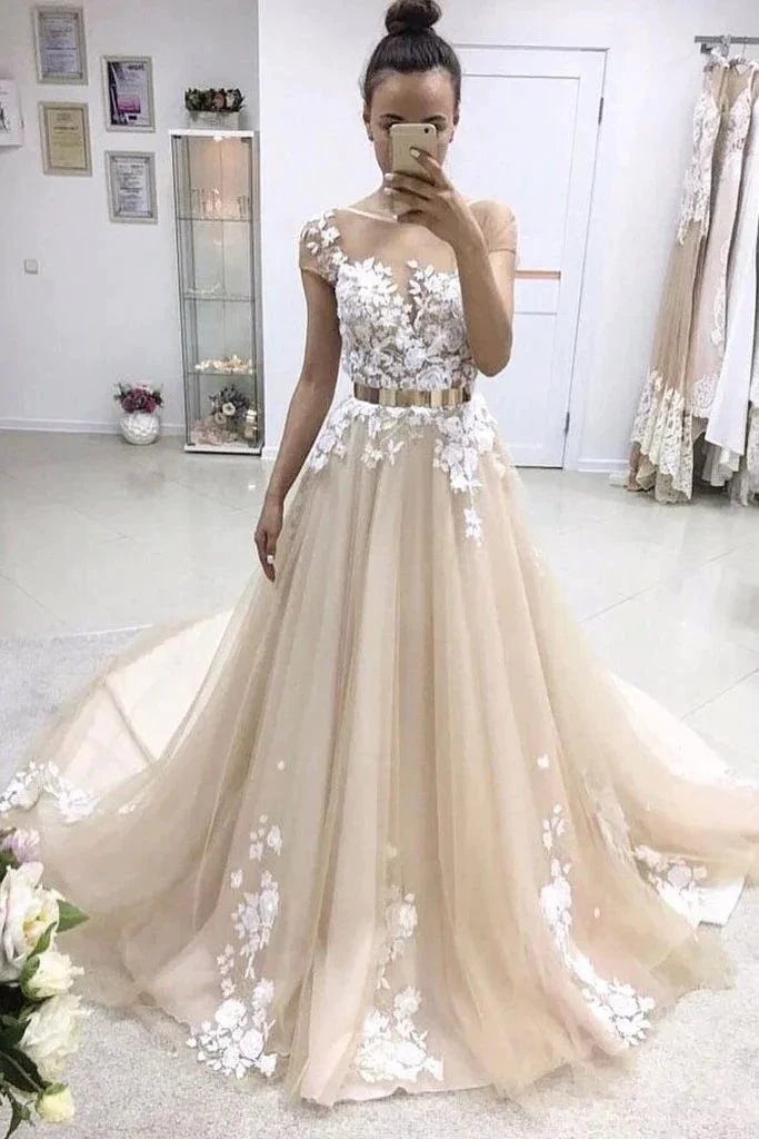 Long A-line Bateau Lace Appliqued Gold Sash Wedding Dress with Sleeves by BIZTUNNEL