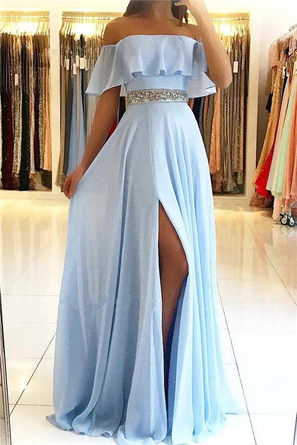 Long A-Line Chiffon Off-the-shoulder Sky Blue Prom Dress With Slit by BIZTUNNEL