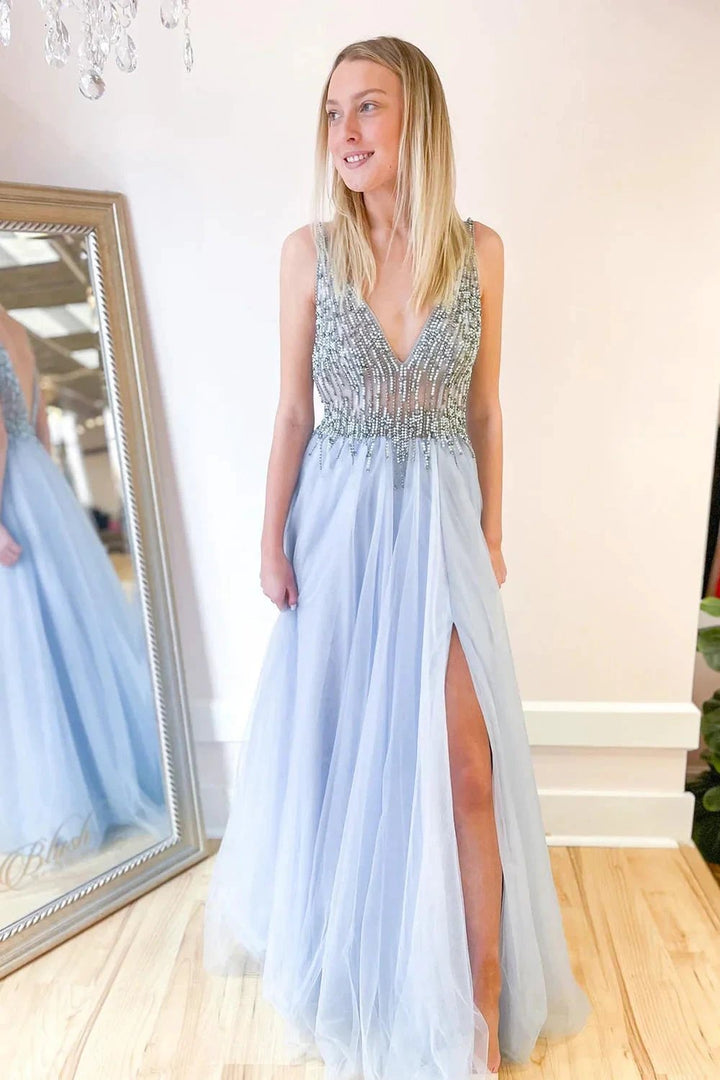 Long A-line Deep V-neck Beading Tulle Open Back Prom Dress With Slit by BIZTUNNEL