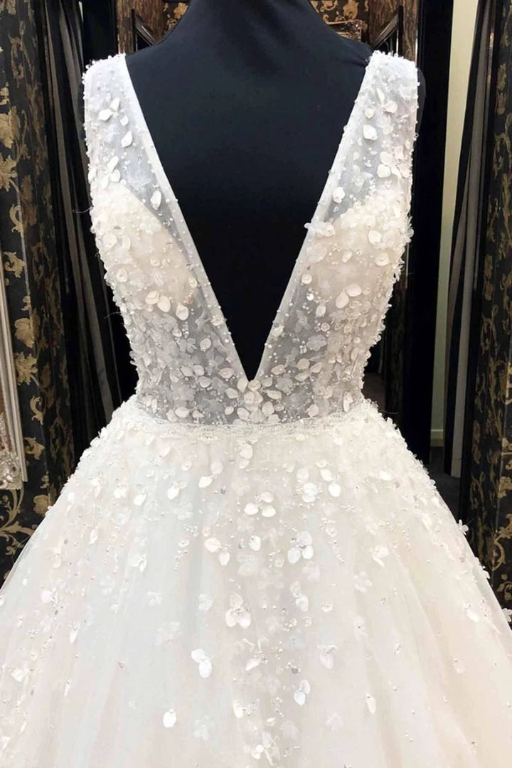 Long A-Line Deep V Neck Tulle Wedding Dress by BIZTUNNEL