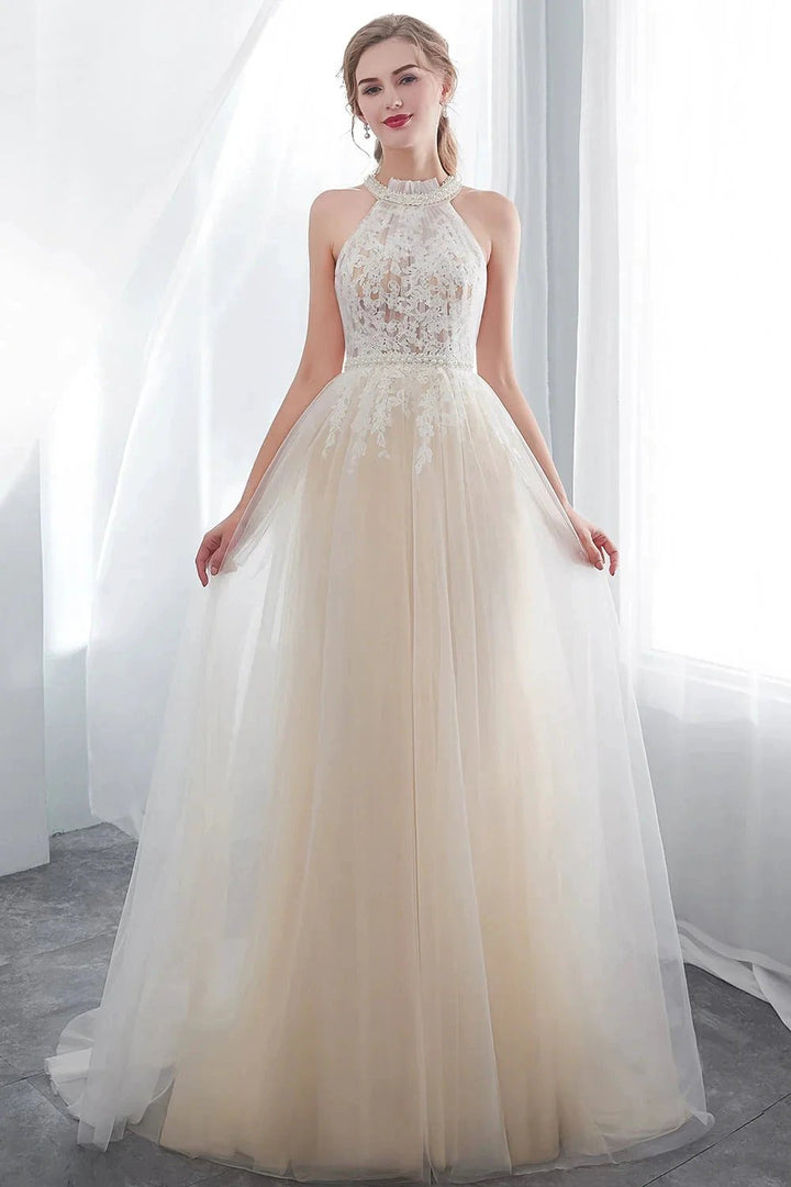 Long A-line Halter Appliques Lace Tulle Evening Dresses by BIZTUNNEL