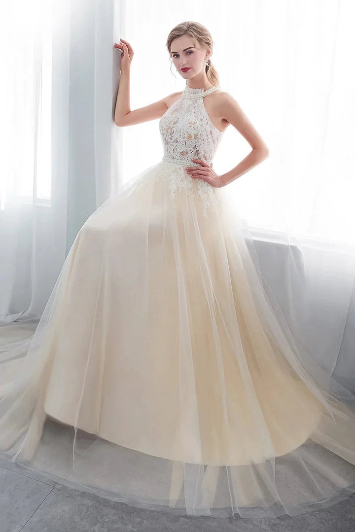 Long A-line Halter Appliques Lace Tulle Evening Dresses by BIZTUNNEL