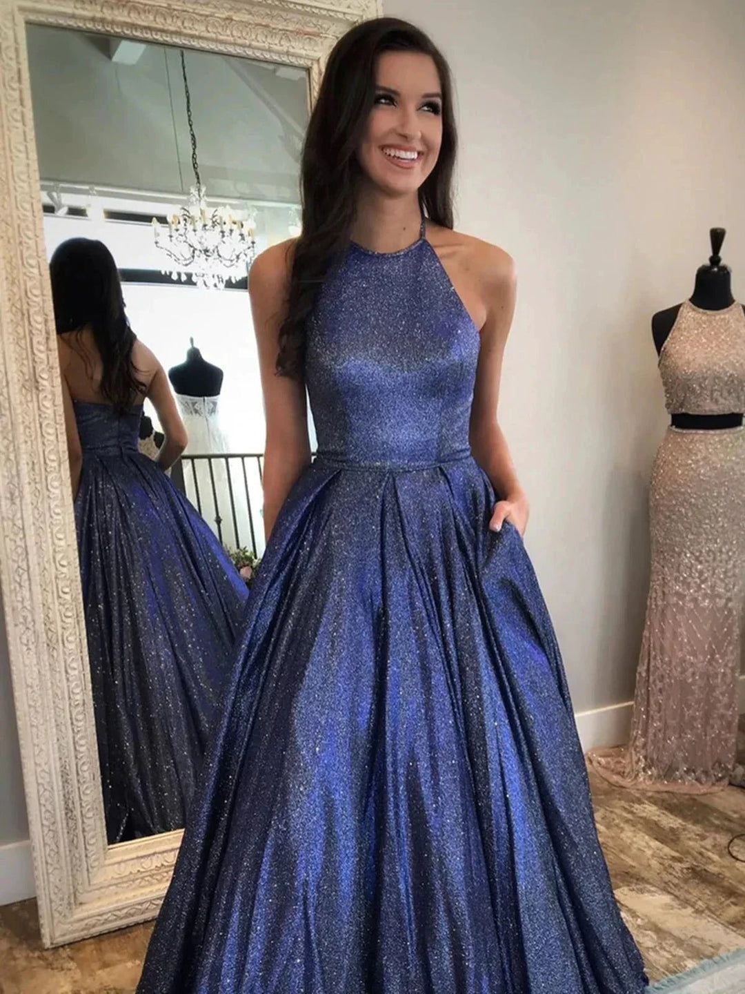 Long A-line Halter Backless Formal Graduation Prom Dresses with Pockets by BIZTUNNEL