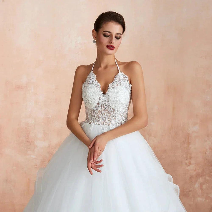 Long A-line Halter Open Back Appliques Tulle Wedding Dress by BIZTUNNEL