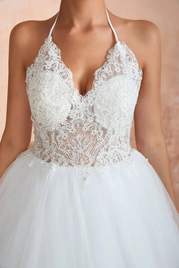 Long A-line Halter Open Back Appliques Tulle Wedding Dress by BIZTUNNEL