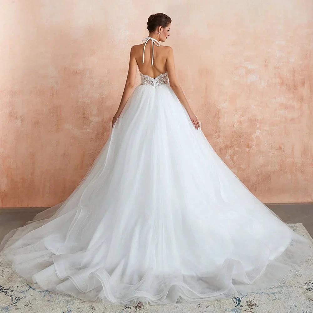 Long A-line Halter Open Back Appliques Tulle Wedding Dress by BIZTUNNEL