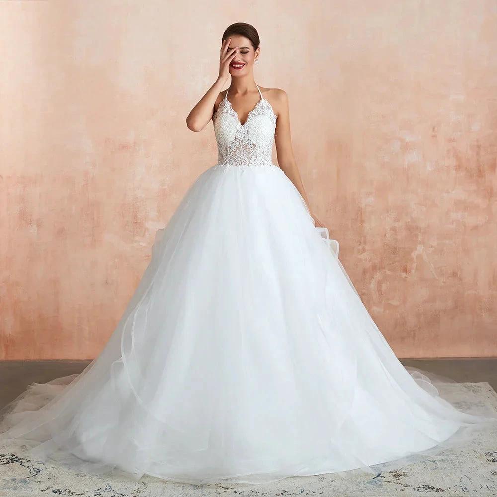 Long A-line Halter Open Back Appliques Tulle Wedding Dress by BIZTUNNEL