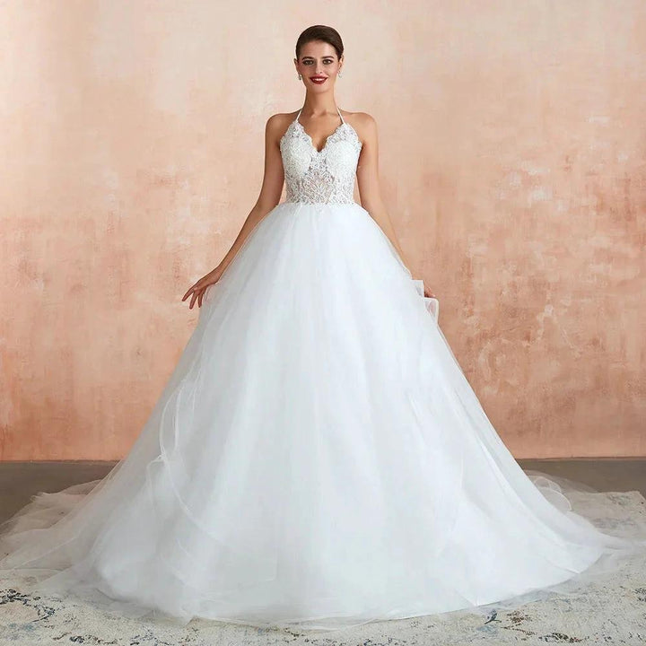 Long A-line Halter Open Back Appliques Tulle Wedding Dress by BIZTUNNEL