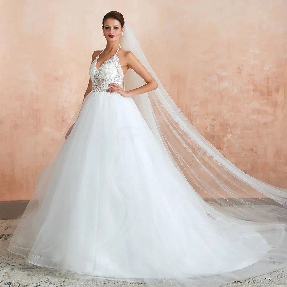 Long A-line Halter Open Back Appliques Tulle Wedding Dress by BIZTUNNEL