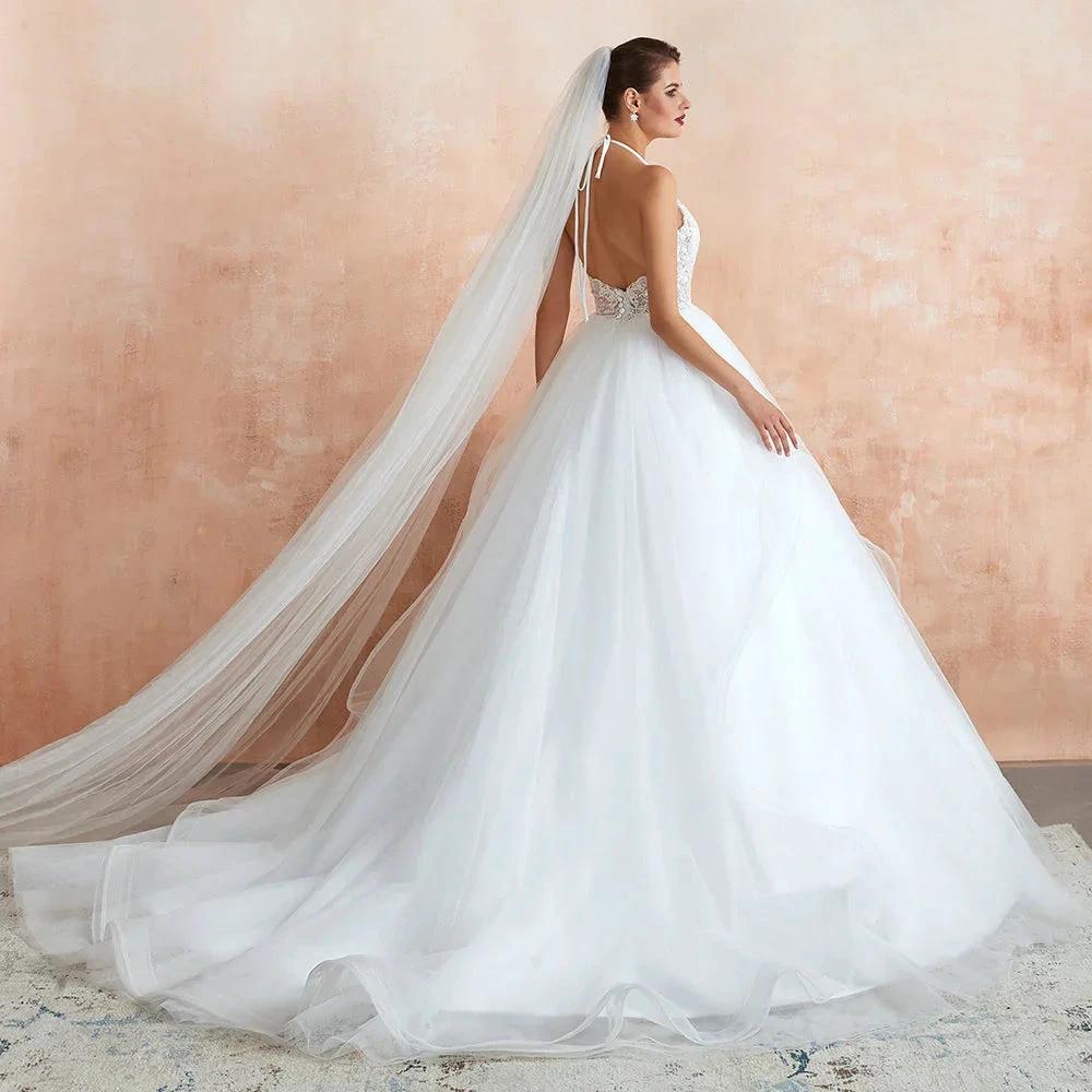 Long A-line Halter Open Back Appliques Tulle Wedding Dress by BIZTUNNEL