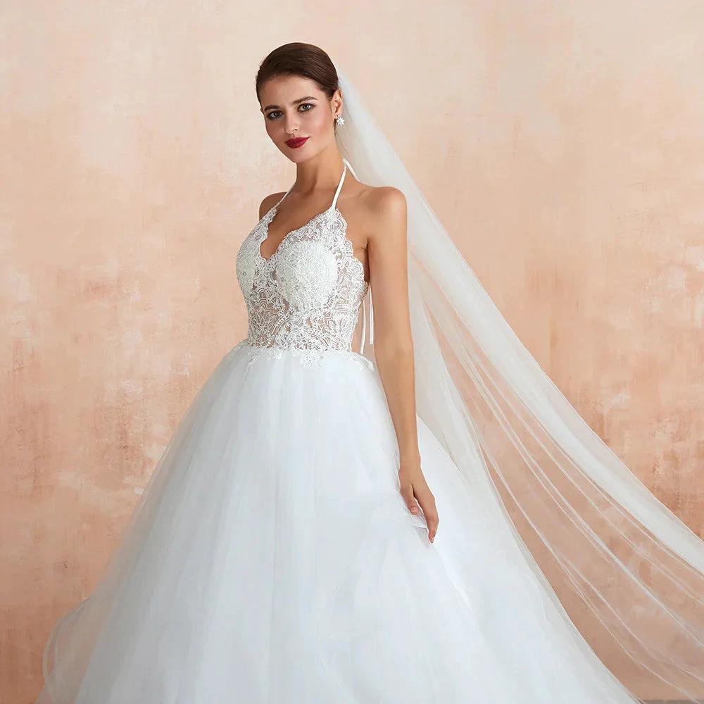 Long A-line Halter Open Back Appliques Tulle Wedding Dress by BIZTUNNEL