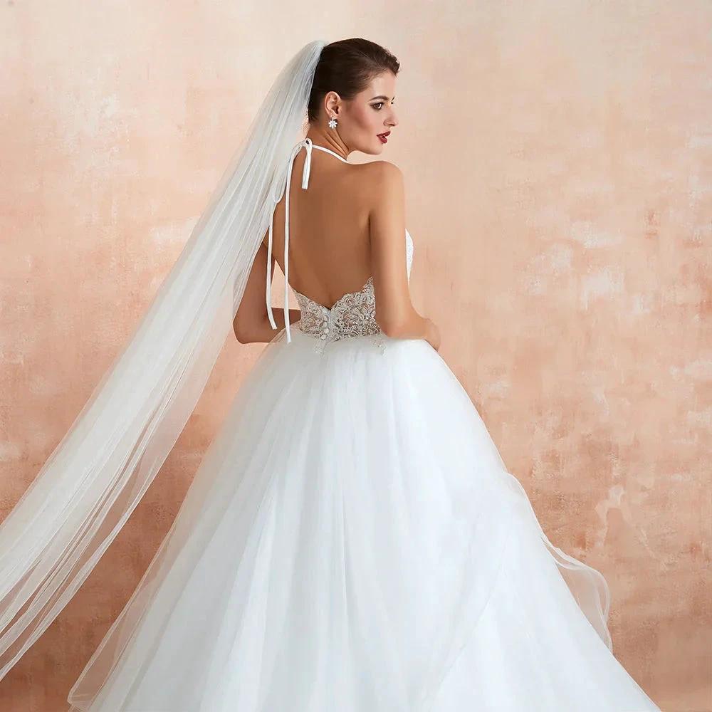 Long A-line Halter Open Back Appliques Tulle Wedding Dress by BIZTUNNEL