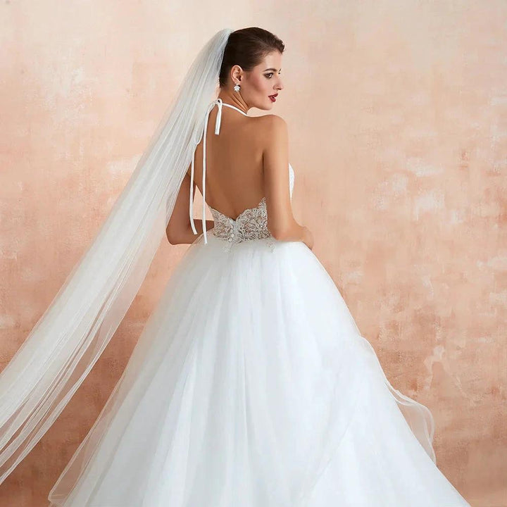 Long A-line Halter Open Back Appliques Tulle Wedding Dress by BIZTUNNEL