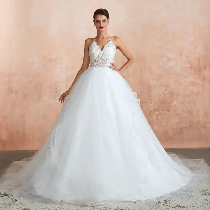 Long A-line Halter Open Back Appliques Tulle Wedding Dress by BIZTUNNEL