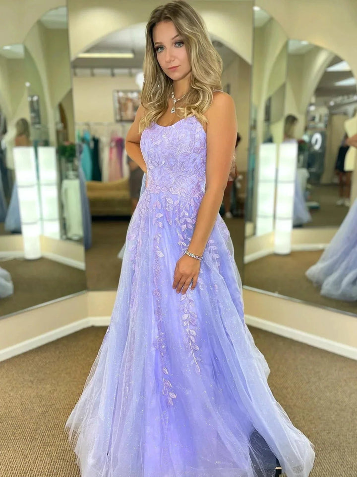 Long A-line Lace Tulle Backless Prom Dresses Purple Formal Evening Dresses by BIZTUNNEL