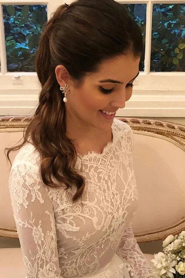 Long A-line Lace Wedding Dress with Sleeves by BIZTUNNEL