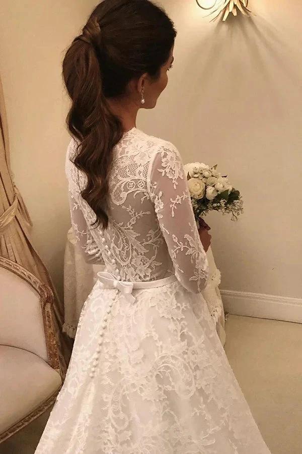 Long A-line Lace Wedding Dress with Sleeves by BIZTUNNEL