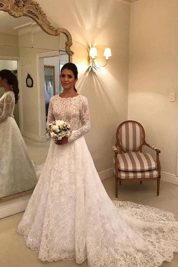 Long A-line Lace Wedding Dress with Sleeves by BIZTUNNEL
