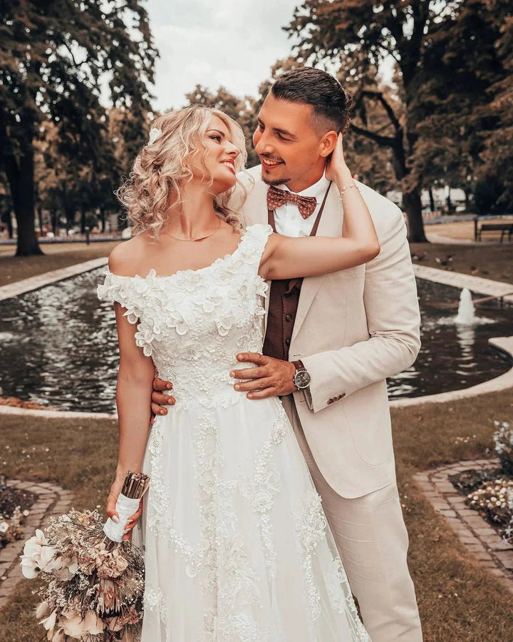 Long A-line Off-the-shoulder 3D Flroal Wedding Dress with Lace Appliques by BIZTUNNEL