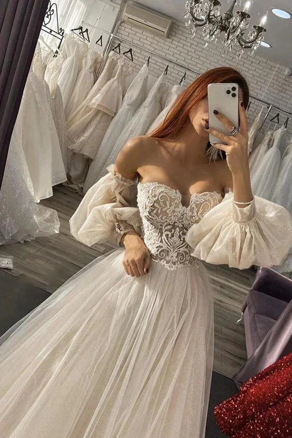 Long A-line Off The Shoulder Appliques Tulle Wedding Dress with Sleeves by BIZTUNNEL
