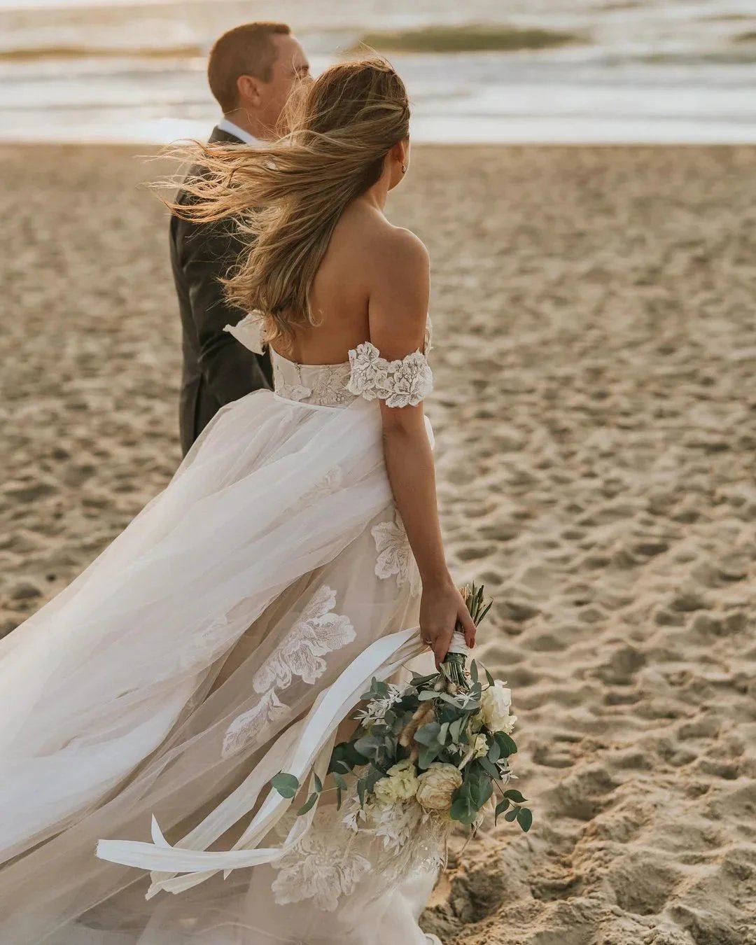 Long A-Line Off-the-Shoulder Backless Appliques Lace Tulle Wedding Dress by BIZTUNNEL