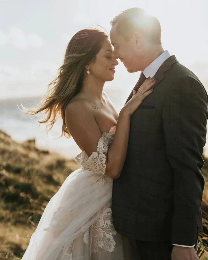 Long A-Line Off-the-Shoulder Backless Appliques Lace Tulle Wedding Dress by BIZTUNNEL