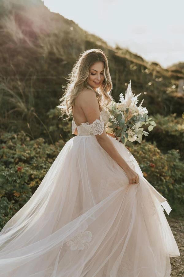 Long A-Line Off-the-Shoulder Backless Appliques Lace Tulle Wedding Dress by BIZTUNNEL