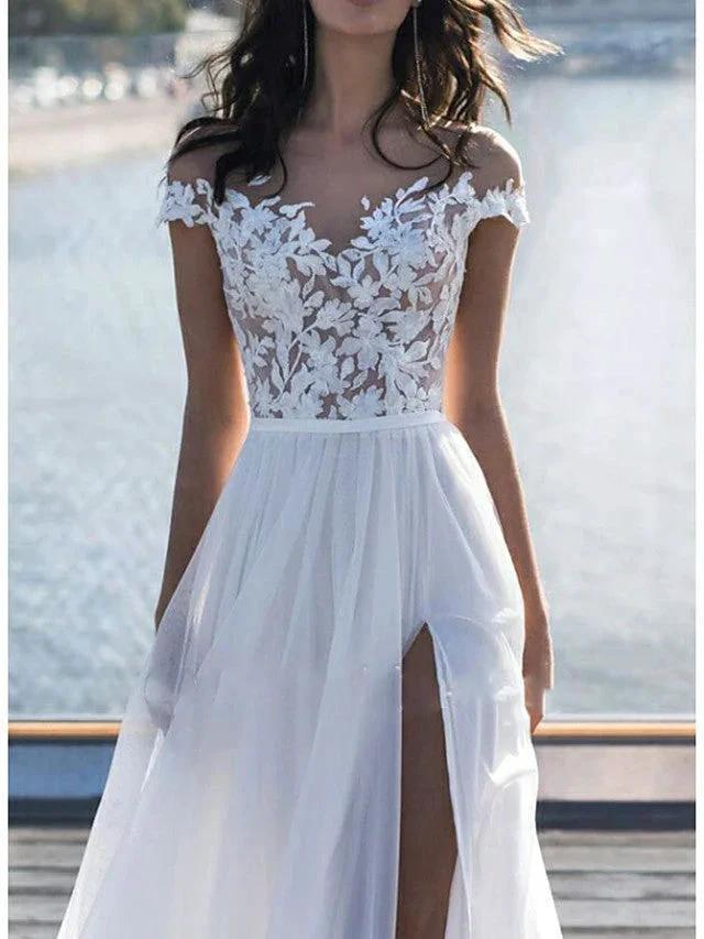 Long A-Line Off the Shoulder Lace Chiffon Wedding Dresses with Sleeves by BIZTUNNEL