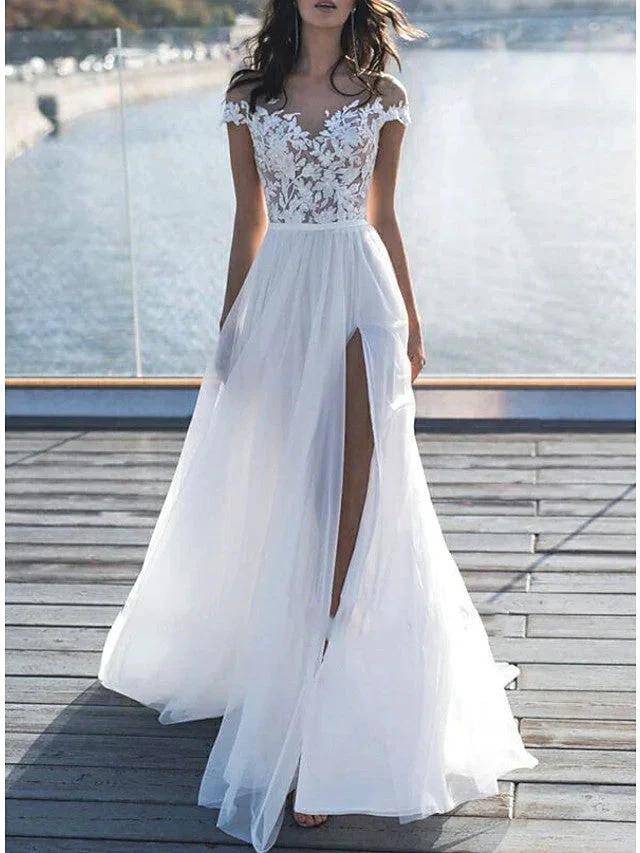 Long A-Line Off the Shoulder Lace Chiffon Wedding Dresses with Sleeves by BIZTUNNEL