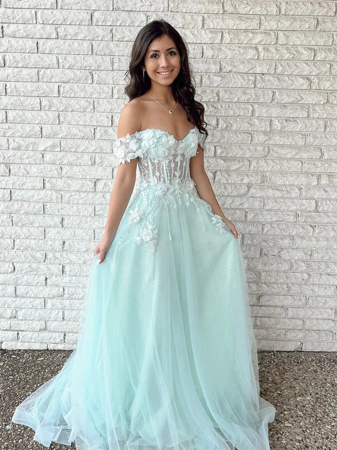 Long A-line Off the Shoulder Lace Tulle Formal Prom Dress Mint Green Graduation Evening Dresses by BIZTUNNEL