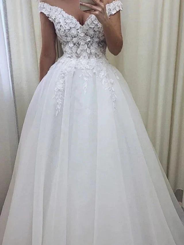 Long A-Line Off the Shoulder Lace Tulle Wedding Dresses by BIZTUNNEL