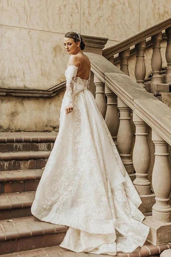 Long A-line Off The Shoulder Lace Wedding Dress With Sleeves by BIZTUNNEL