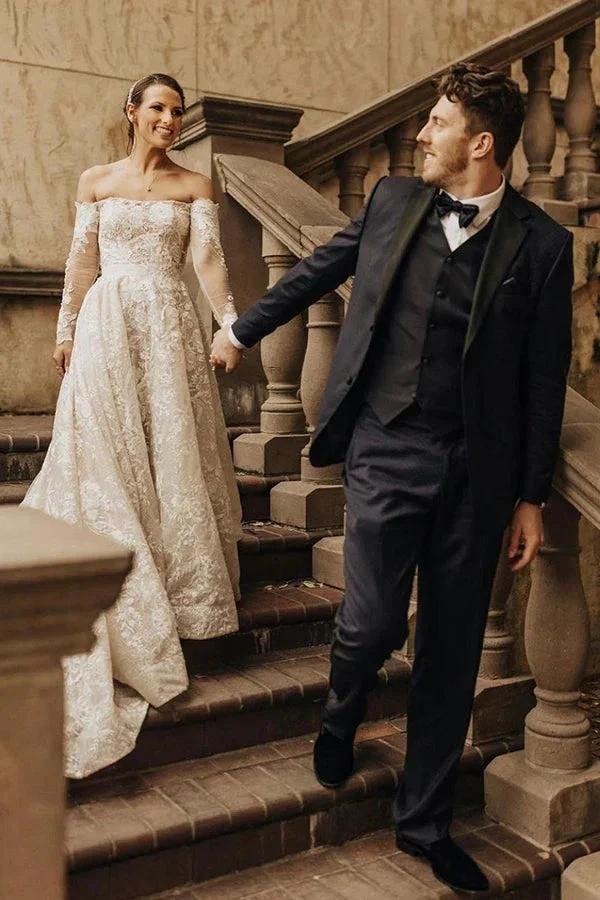 Long A-line Off The Shoulder Lace Wedding Dress With Sleeves by BIZTUNNEL