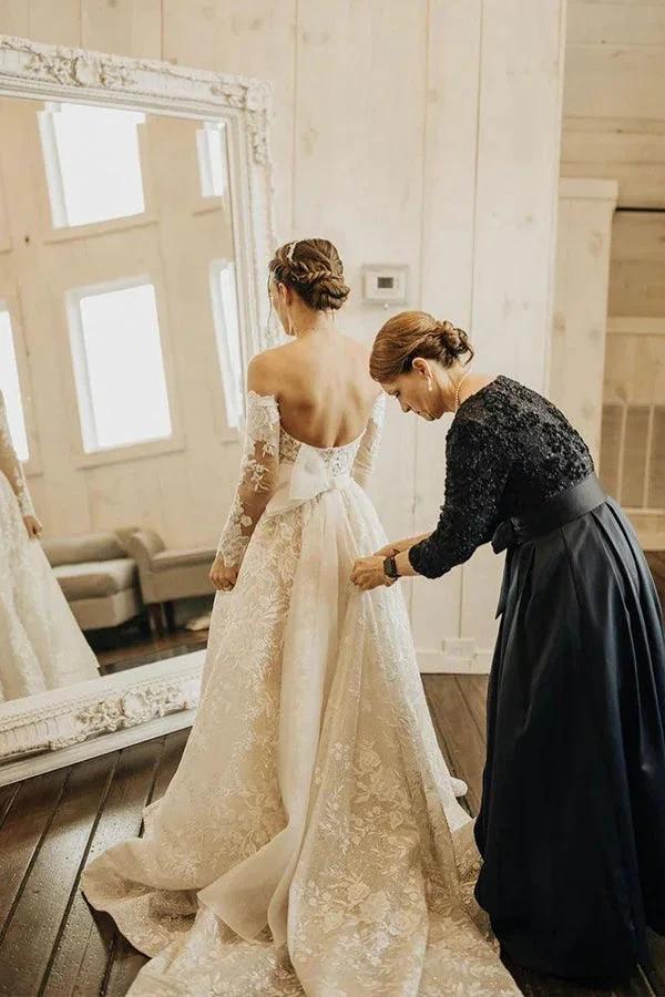 Long A-line Off The Shoulder Lace Wedding Dress With Sleeves by BIZTUNNEL
