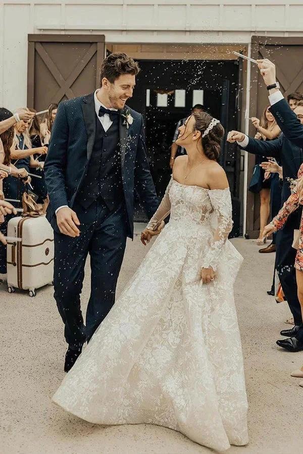 Long A-line Off The Shoulder Lace Wedding Dress With Sleeves by BIZTUNNEL