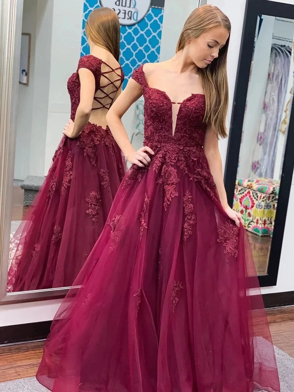 Long A-line Off the Shoulder Open Back Lace Prom Formal Evening Dresses by BIZTUNNEL
