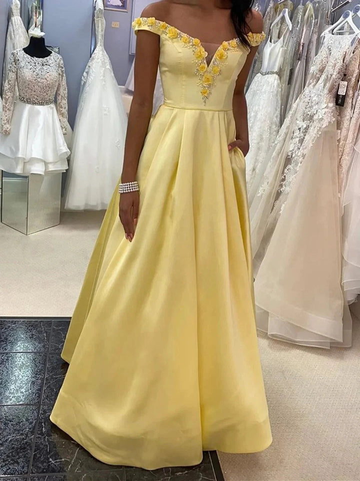 Robes longues en satin à ligne A, épaules dénudées, formelles pour bal, avec poches