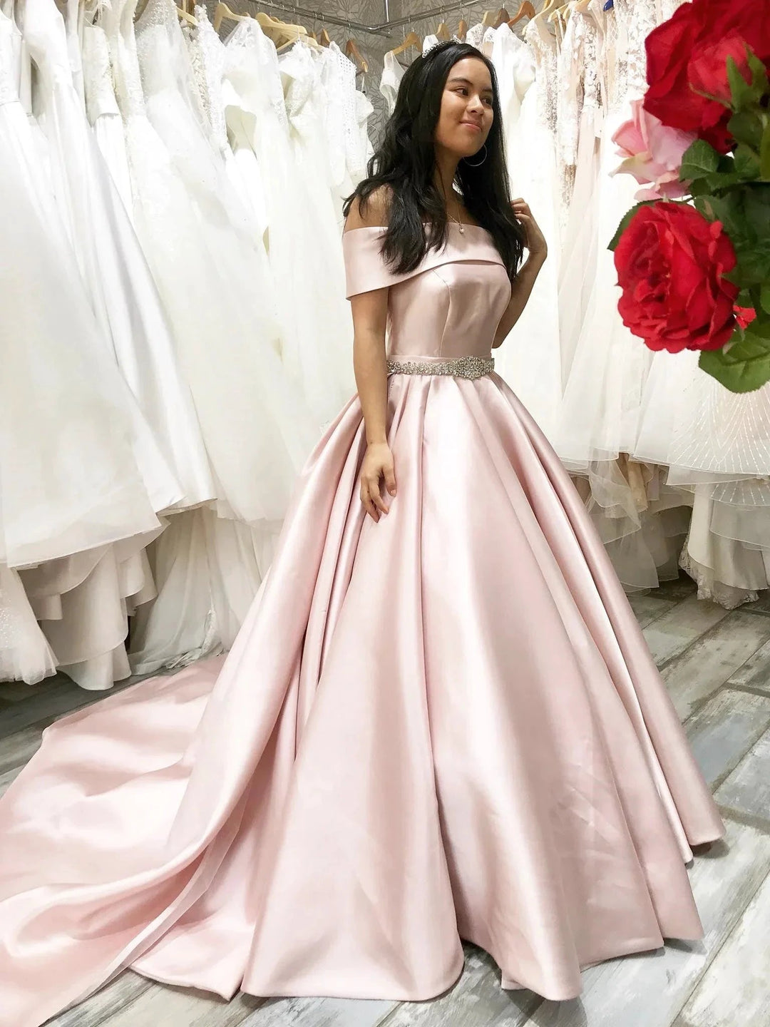 Long A-line Off the Shoulder Satin Graduation Formal Prom Dresses by BIZTUNNEL
