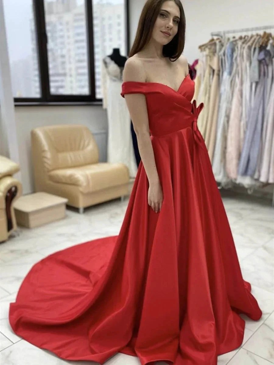 Long A-line Off the Shoulder Satin Graduation Formal Prom Dresses by BIZTUNNEL