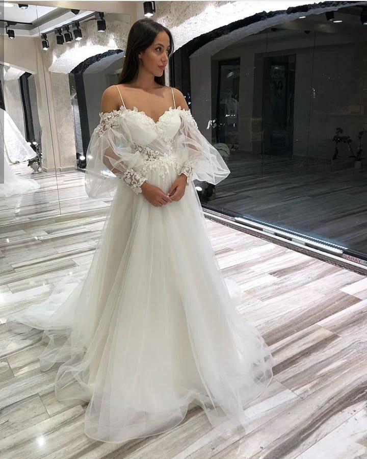 Long A-Line Off-the-Shoulder Sweetheart Appliques Lace Tulle Wedding Dresses with Sleeves by BIZTUNNEL