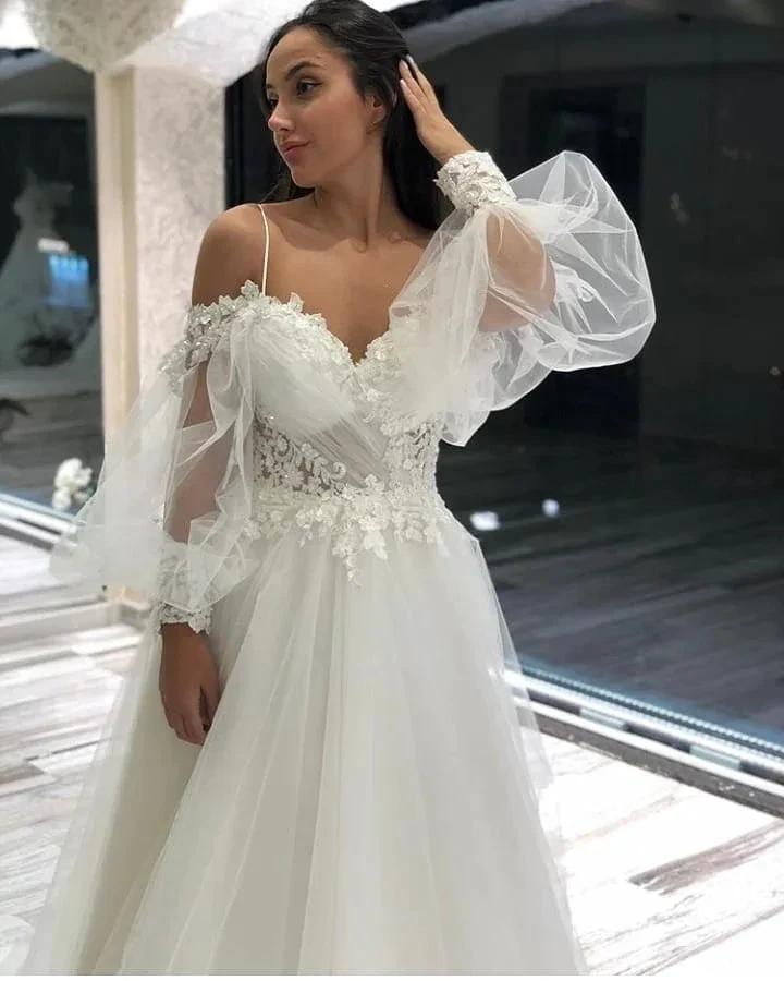 Long A-Line Off-the-Shoulder Sweetheart Appliques Lace Tulle Wedding Dresses with Sleeves by BIZTUNNEL