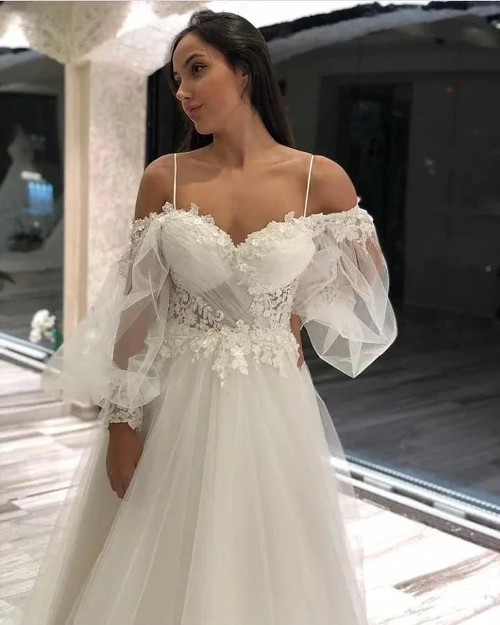 Long A-Line Off-the-Shoulder Sweetheart Appliques Lace Tulle Wedding Dresses with Sleeves by BIZTUNNEL