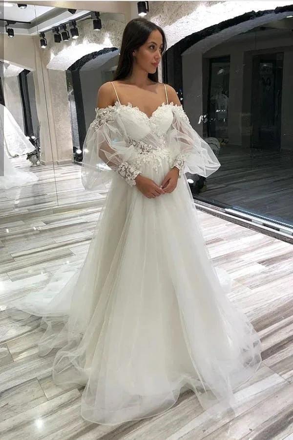 Long A-Line Off-the-Shoulder Sweetheart Appliques Lace Tulle Wedding Dresses with Sleeves by BIZTUNNEL