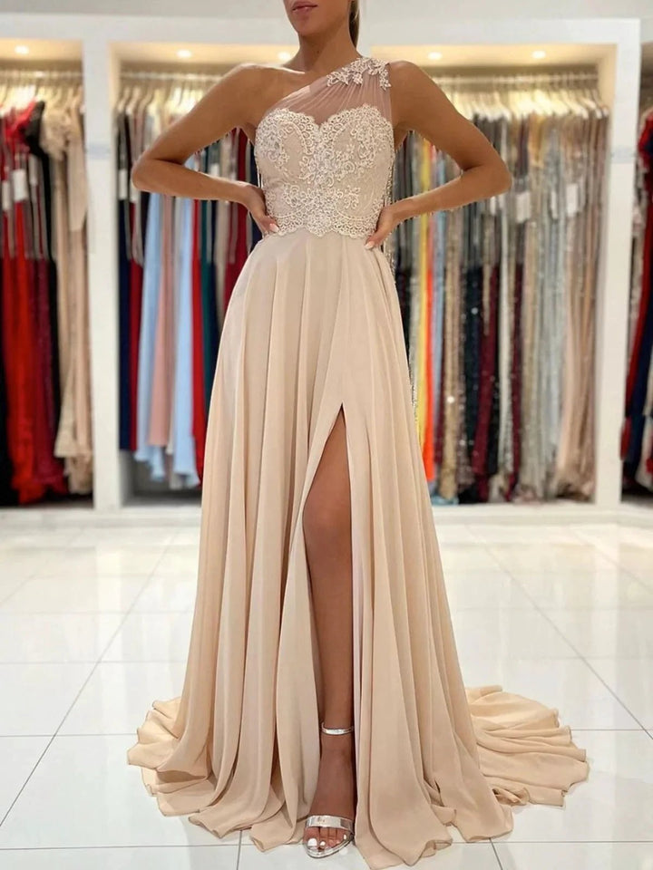 Long A-line One Shoulder Chiffon Prom Dress with Slit Lace Formal Evening Gowns by BIZTUNNEL