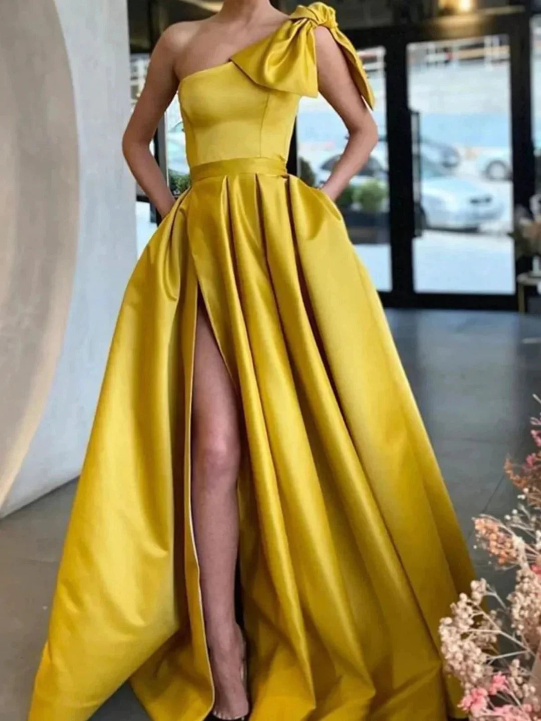Long A-line One Shoulder Satin Front Slit Prom Dresses with Pockets by BIZTUNNEL