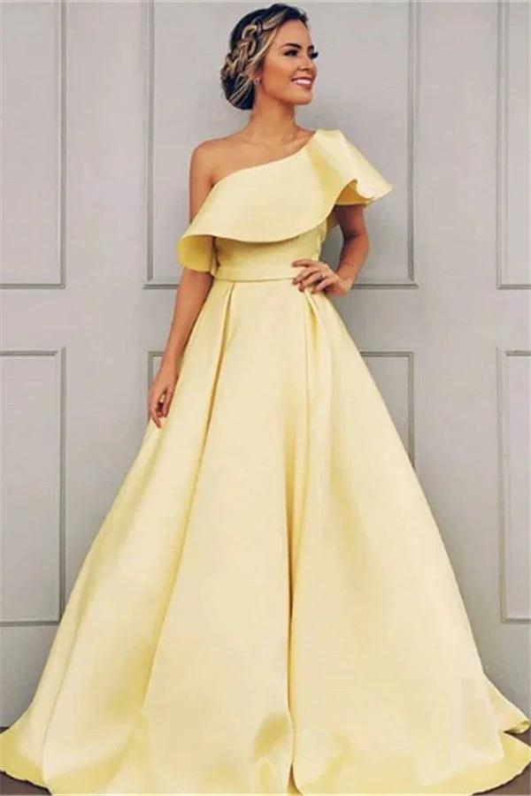 Long A-line One Shoulder Satin Yellow Prom Dress by BIZTUNNEL