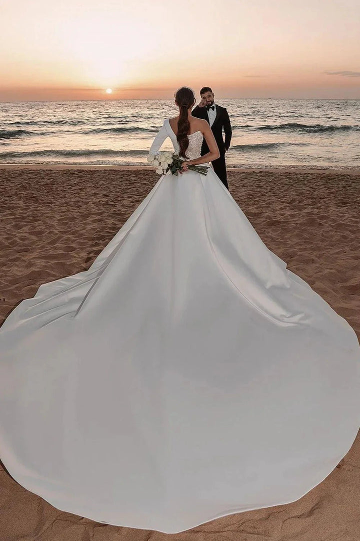 Long A-line One Shoulder Sequins Satin Wedding Dress with Sleeves by BIZTUNNEL