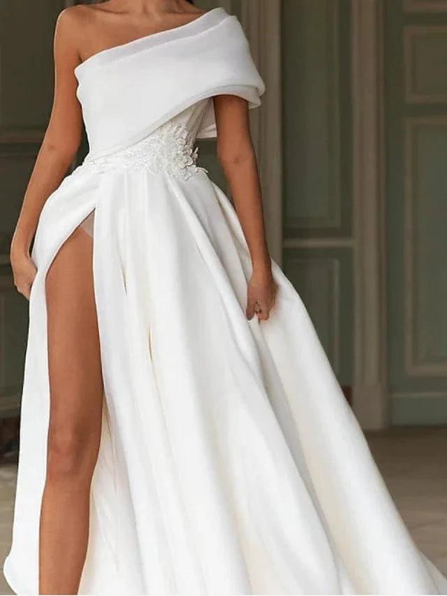 Long A-Line One Shoulder Sweep Brush Train Chiffon Wedding Dresses with Slit by BIZTUNNEL